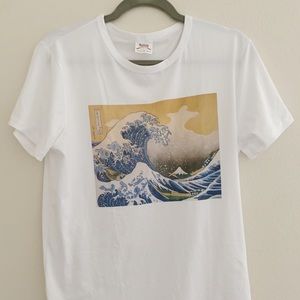 New White Japanese Wave Print T-Shirt, Mens Medium